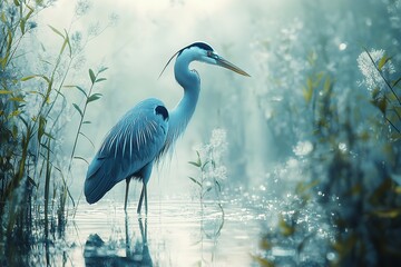 Fototapeta premium A sapphire-colored heron's elegance as it stands elegantly in a green marsh, balancing its long limbs with swaying reeds and glistening water. Generative Ai