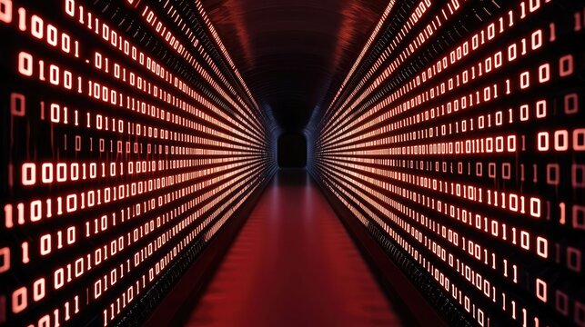 Binary code background with scientific database and technology concept. Digital corridor with binary code illuminated in red lighting.