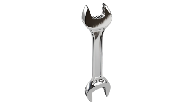 Shiny metal wrench, showcasing a polished finish with a strong grip for mechanical work.
