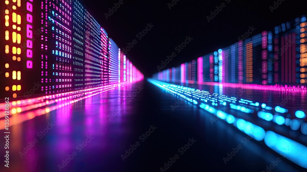 Poster binary code background with scientific database and technology concept. vibrant digital corridor ill