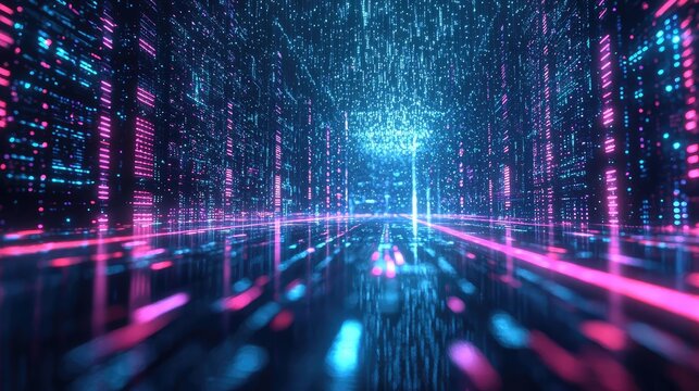 Binary code background with scientific abstract and computer database concept. Vibrant digital corridor with flowing data streams and neon lights.