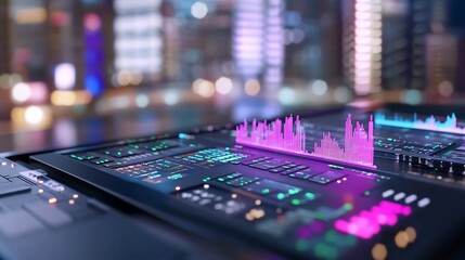Cityscape background, data analysis dashboard, night view, financial market