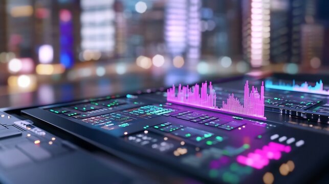 Cityscape background, data analysis dashboard, night view, financial market