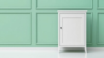 White cabinet stands against a pastel green paneled wall