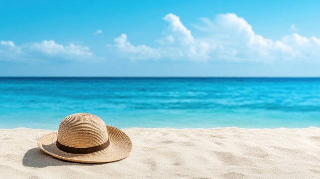 A summer hat resting on the sand, with the tranquil blue sea in the background, symbolizing relaxation and beach vacation.