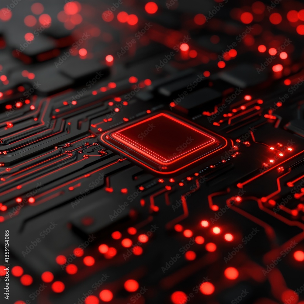 Aufkleber Red Illuminated Circuit Board Close Up High Tech Technology Digital Microchip Background