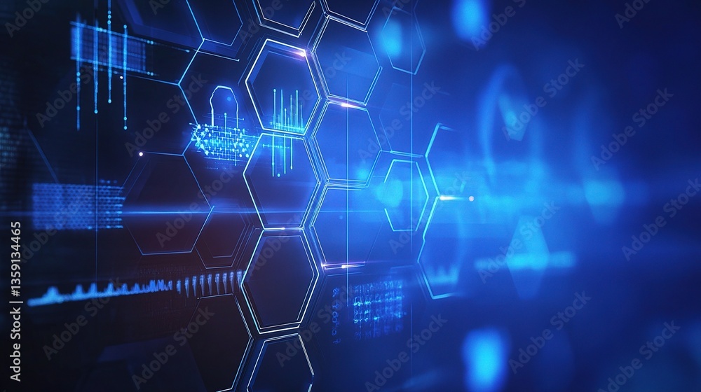 Poster futuristic hexagonal pattern with blue digital elements and effects