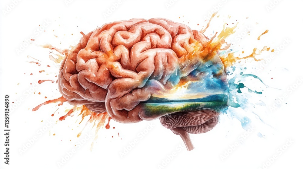 Poster colorful artistic representation of human brain with creative splashes of color and imagination
