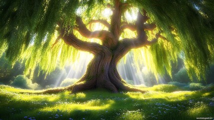 Majestic weeping willow tree bathed in sunlight, lush green grass.