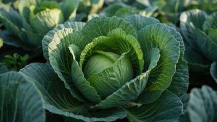 Obraz premium Cabbage heads growing in farm field highlighting fresh produce and healthy eating concepts