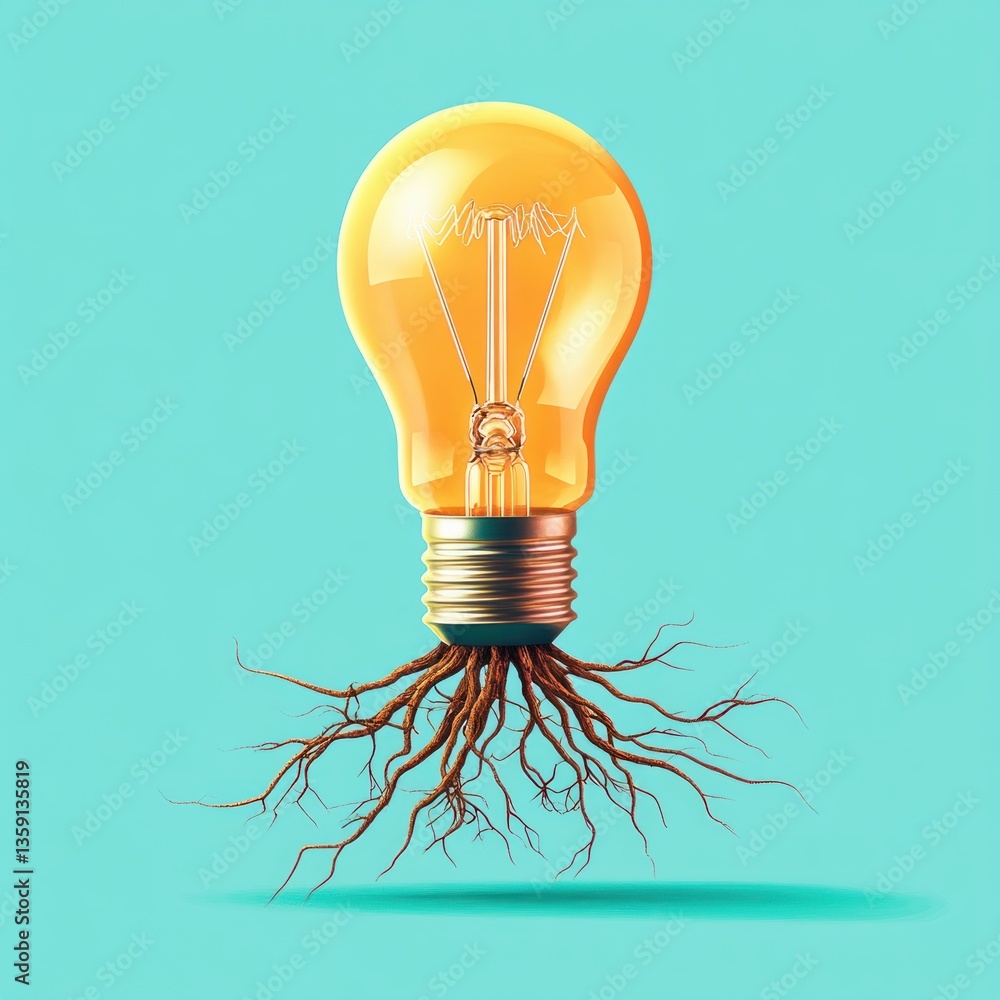 Aufkleber Creative Lightbulb with Roots Symbolizing Innovation and Growth in Bright Turquoise Background