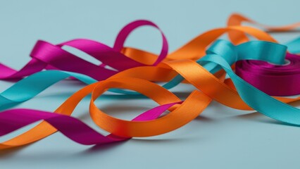 Colorful satin ribbons in purple, orange, and teal arranged artistically Ideal for crafts, parties, and celebrations