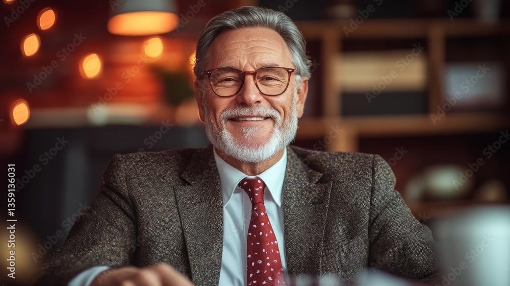 Poster man wearing a suit and tie is smiling and sitting at a table. he is holding a cup and he is enjoying
