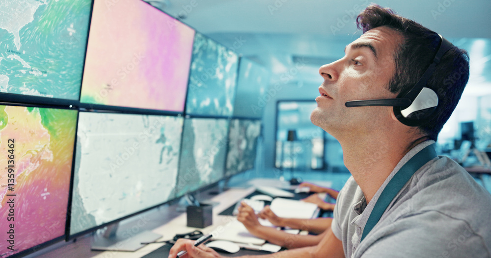Poster Computer, emergency service and man with headset for global security, dispatcher and operator. Telecommunication, surveillance maps and first responder on monitor for incident report, contact or help