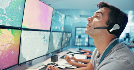 Computer, emergency service and man with headset for global security, dispatcher and operator....