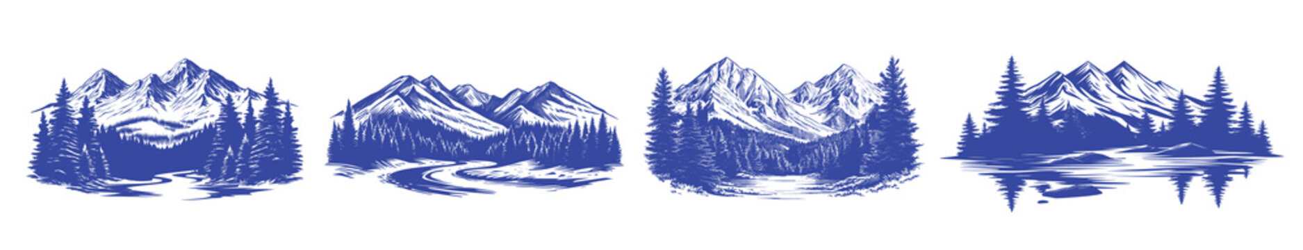 Vintage mountain landscape illustrations, element vector set