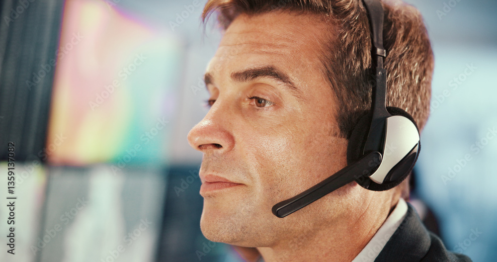 Poster Emergency, service and man with headset on computer for security, dispatcher and operator. Telecommunication, surveillance office and first responder with monitor for incident report, contact or help