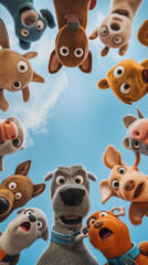 Fototapeta premium Minimalist felt depiction of pack of dogs looking down into the camera lens with bovine snout, eyes mismatched in size and focus, solid pastel blue background