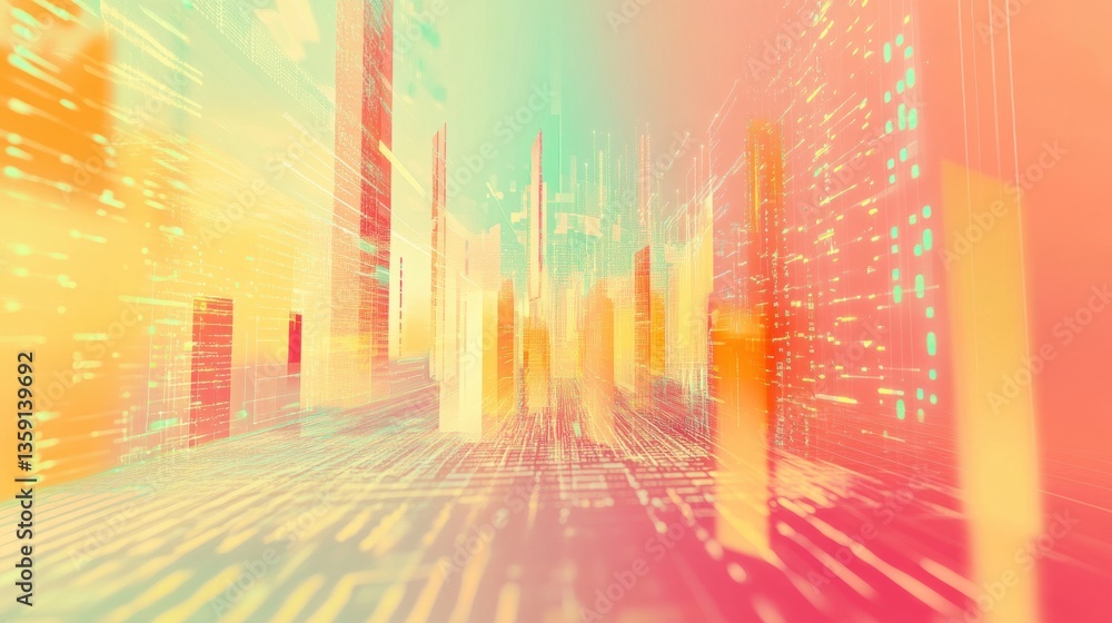 Poster Abstract digital cityscape with vibrant colors and dynamic light patterns in futuristic design
