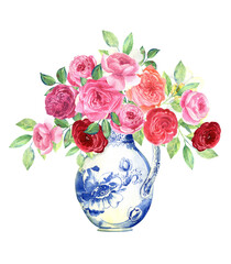 Red, pink roses in a blue chinese vase. Floral arrangements. Watercolor illustration clipart