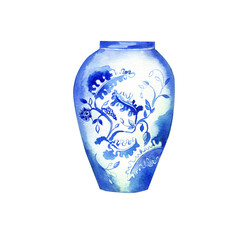 Antique chinese blue vase, asia porcelain, china ceramic, vintage pott.  Watercolor illustration clipart.
