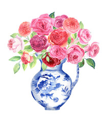 Red, pink roses in a blue chinese vase. Floral arrangements. Watercolor illustration clipart