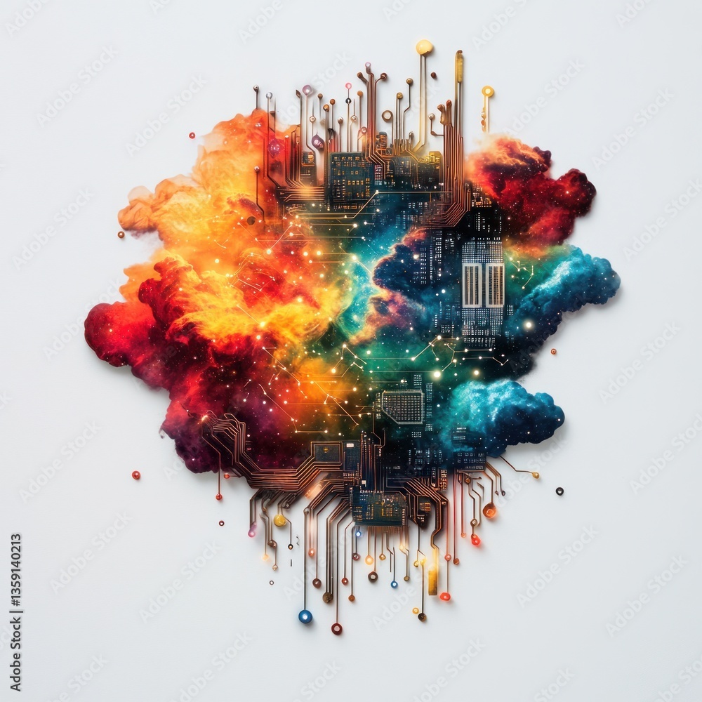Poster Abstract Cloud Computing Concept Circuit Board in a Cosmic Nebula