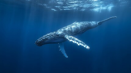 Naklejka premium A deep underwater scene with a humpback whale gracefully swimming through the ocean