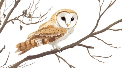 Barn Owl Perched on Branch, Winter Scene, Illustration