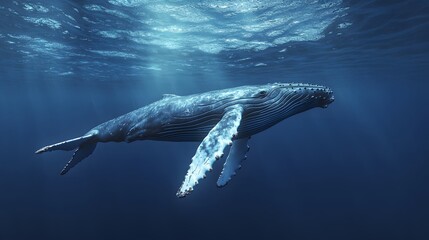 Naklejka premium A deep underwater scene with a humpback whale gracefully swimming through the ocean