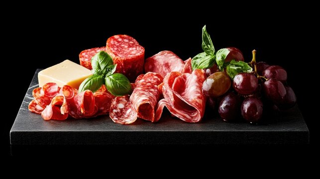 Elegant Italian appetizers on a black background, featuring a charcuterie board with cured meats, cheeses, grapes, and fresh basil.