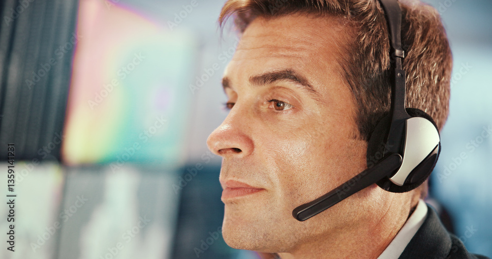 Aufkleber emergency, service and man with headset for security, dispatcher and operator on computer. telecommu