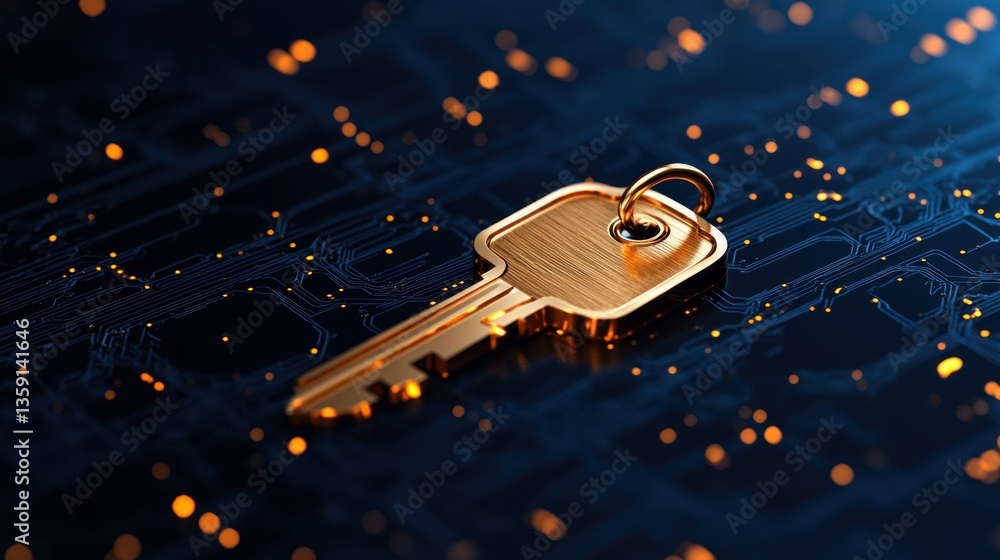 Poster Golden Key On Blue Circuit Board Background With Glowing Effects And Technology Theme