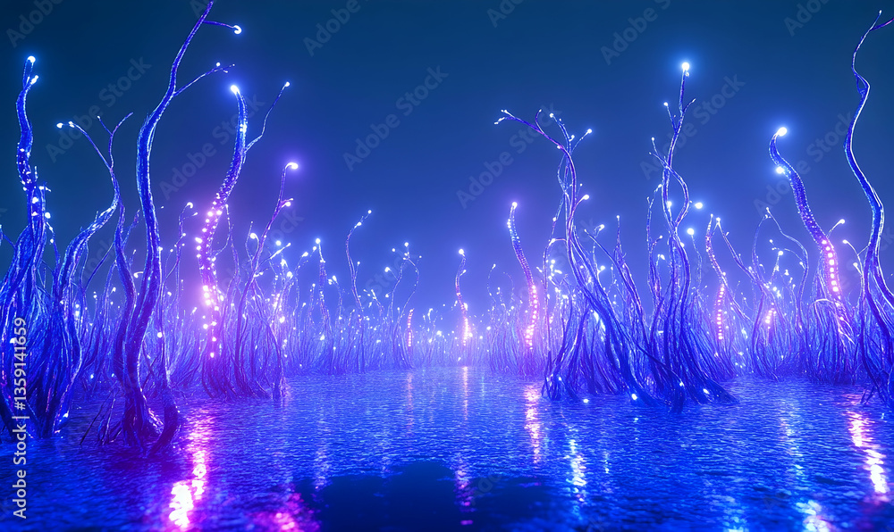 Aufkleber ethereal glowing forest at night with illuminated trees reflecting in calm water, creating a surreal