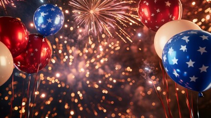 Vibrant Celebration with Red, White, and Blue Balloons and Fireworks