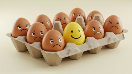 Carton of eggs features a yellow egg with a smiley face among brown eggs with sad faces Humor and creativity