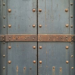 Fototapeta premium Rustic Gray Metal Door with Intricate Rivets and Rusty Bands - A Timeless Architectural Detail