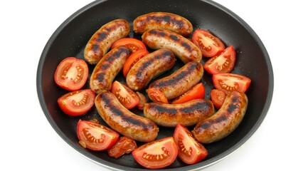 Cooked sausages with sliced tomatoes in frying pan Cooking process, meal preparation, healthy eating concepts
