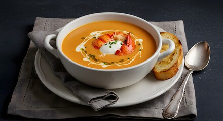 A decadent lobster bisque in a white porcelain bowl, swirled with creme fraiche and chive oil. Accompanied by a toasted brioche slice, styled on a linen napkin with antique silver spoons