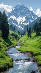 Majestic alpine mountain with flowing river high resolution picture