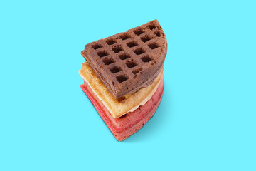 Assorted Waffle Slices – Chocolate, Vanilla, and Strawberry Flavors on Neutral Background, Perfect for Ads, Promotions, and Social Media