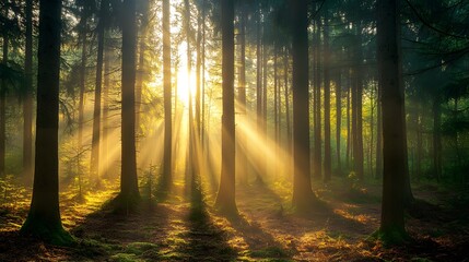 A dense pine forest with rays of sunlight breaking through the trees at dawn