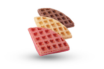 Waffle Slices–Chocolate, Vanilla, and Strawberry Flavors on Neutral Background, Perfect for Ads, Promotions, and Social Media