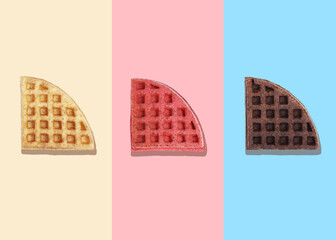 Assorted Waffle Slices–Chocolate, Vanilla, and Strawberry Flavors on Elegant Neutral Background for Food Advertising, Social Media, and Marketing Promotions