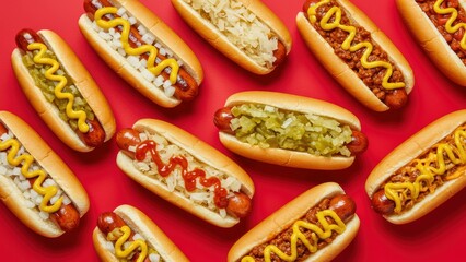 Various hot dogs with different toppings on red background Concepts include summer gatherings and outdoor picnics