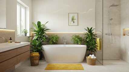 Fototapeta premium Modern bathroom featuring bathtub, green plants, sunlight Promotes relaxation, wellness, sustainable home decor