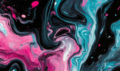 Abstract swirling patterns of pink and blue paint on a black background, creating a vibrant visual effect