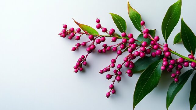 Mahonia confusa berries fuchsia hues sharp green foliage detailed on white minimalist elegant composition.  