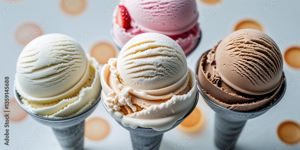 Aufkleber delicious selection of ice cream scoops in cones on a festive table setting with colorful polka dots