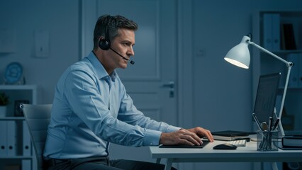 Fototapeta premium Middle aged man in blue shirt working on computer at home office desk during nighttime, focusing on digital communication